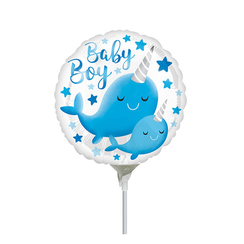 10cm Baby Boy Narwhal Foil Balloon #4039650AF - Each (Inflated, supplied air-filled on stick) 