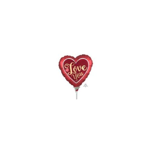 22cm Love You Satin Sangria & Gold Heart Shape Foil Balloon #4040551AF - Each  (Inflated, supplied air-filled on stick)