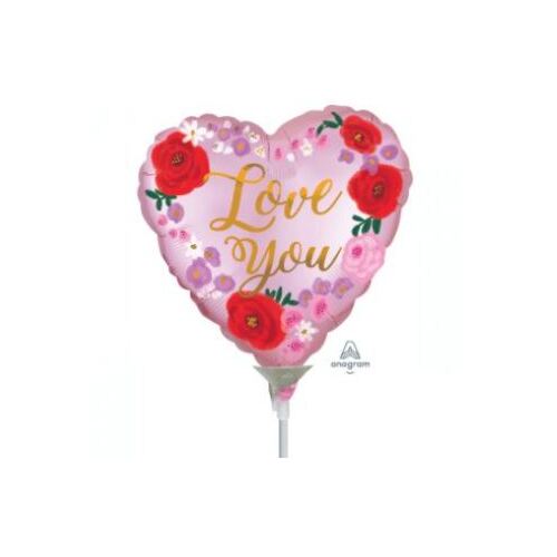 22cm Love You Satin Painted Floral Heart Shape Foil Balloon #4040585AF - Each  (Inflated, supplied air-filled on stick)