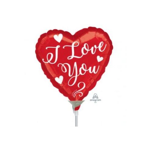 22cm I Love You White Script Heart Shape Foil Balloon #4040613AF - Each  (Inflated, supplied air-filled on stick) TEMPORARILY UNAVAILABLE