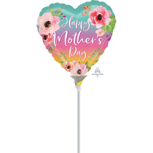 22cm Happy Mother's Day Flowers & Ombre Foil Balloon #4040858AF - Each  (Inflated, supplied air-filled on stick) SOLD OUT 2024
