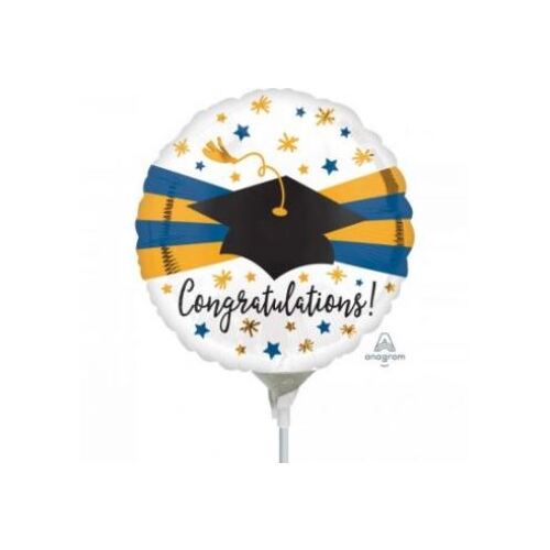 22cm Blue & Gold Congratulations Graduation Foil Balloon #4041038AF - Each (Inflated, supplied air-filled on stick)