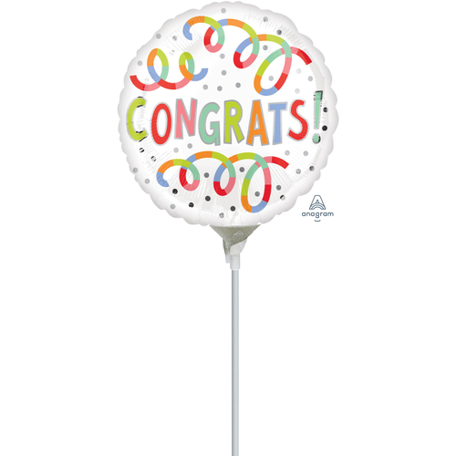 22cm Congrats Swirls Foil Balloon #4041140AF - Each (Inflated, supplied air-filled on stick) TEMPORARILY UNAVILABLE