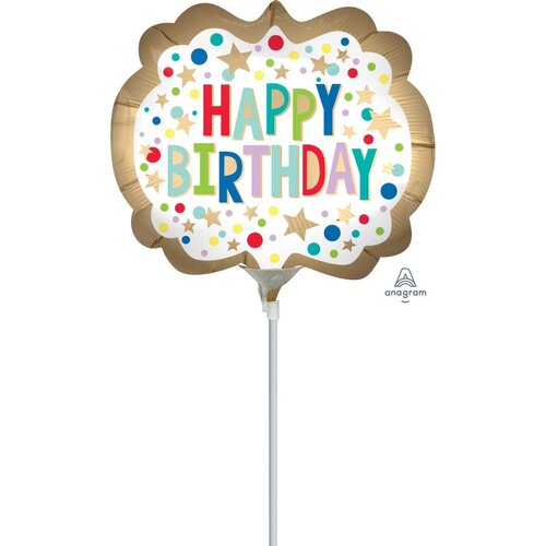 Mini Shape Happy Birthday Gold Satin Marquee Foil Balloon #4041261AF - Each (Inflated, supplied air-filled on stick)