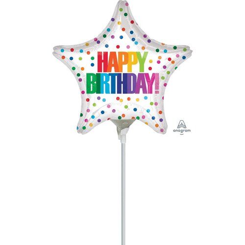 22cm Happy Birthday Colour Dots Foil Balloon #4041314AF - Each (Inflated, supplied air-filled on stick)