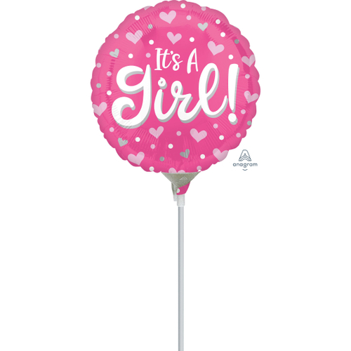 22cm It's A Girl Hearts & Dots Foil Balloon #4041428AF - Each (Inflated, supplied air-filled on stick) 