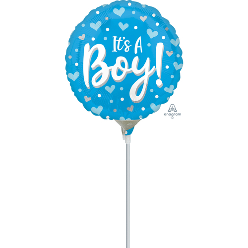 22cm It's A Boy Hearts & Dots Foil Balloon #4041429AF - Each (Inflated, supplied air-filled on stick)