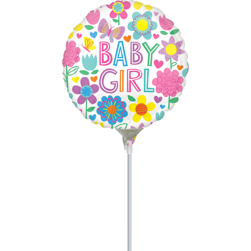 22cm Baby Girl Floral Butterfly Foil Balloon #4041655AF - Each (Inflated, supplied air-filled on stick) 