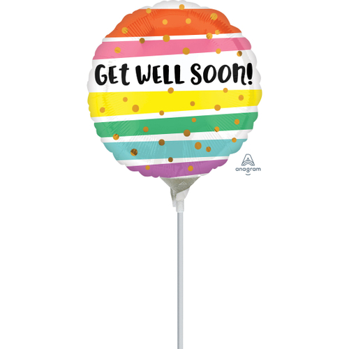 22cm Get Well Bold Stripes Foil Balloon #4041685AF - Each (Inflated, supplied air-filled on stick) TEMPORARILY UNAVAILABLE