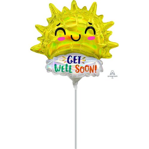 Mini Shape Get Well Soon Iridescent Happy Sun Foil Balloon #4041233AF - Each (Inflated, supplied air-filled on stick)
