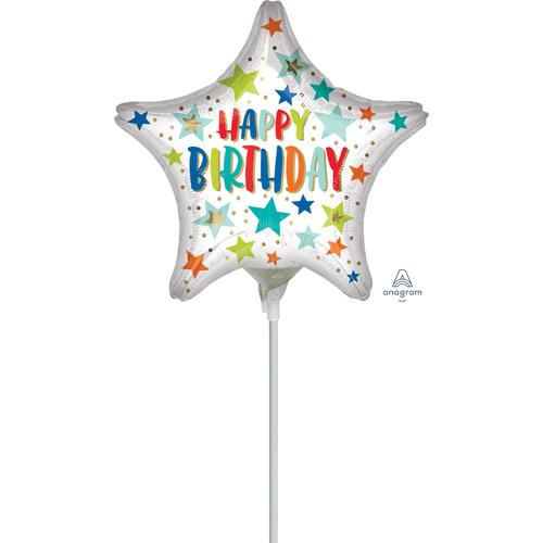 22cm Happy Birthday Stars & Dots Foil Balloon #4041738AF - Each (Inflated, supplied air-filled on stick)