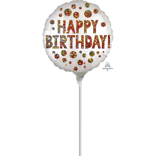 22cm Happy Birthday Satin Infused Sequins Foil Balloon #4041776AF - Each (Inflated, supplied air-filled on stick) 