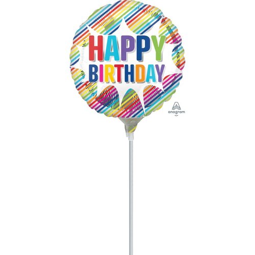 22cm Happy Birthday Striped Burst Foil Balloon #4041784AF - Each (Inflated, supplied air-filled on stick)