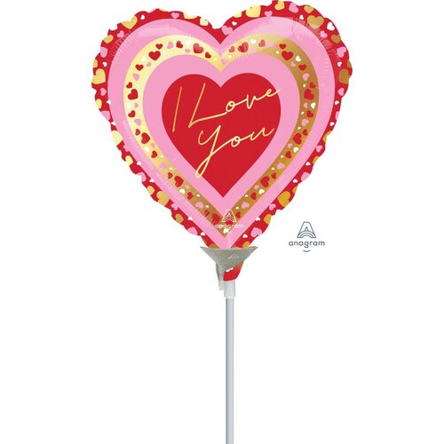 22cm I Love You Pretty Hearts Foil Balloon #4042282AF - Each  (Inflated, supplied air-filled on stick) 