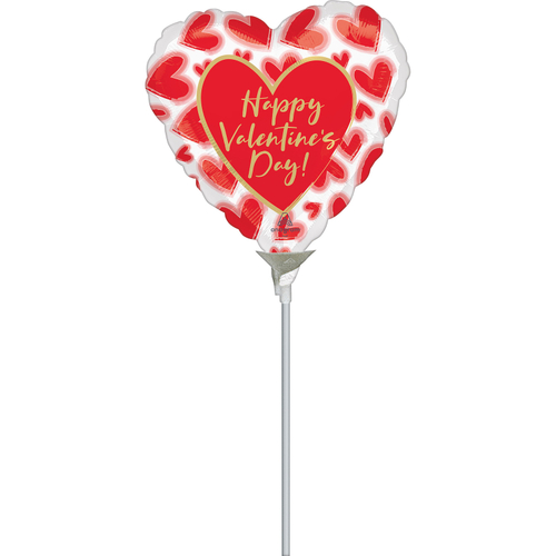 22cm Happy Valentine's Day Blushed Lined Hearts Foil Balloon #4043680AF - Each (Inflated, supplied air-filled on stick)