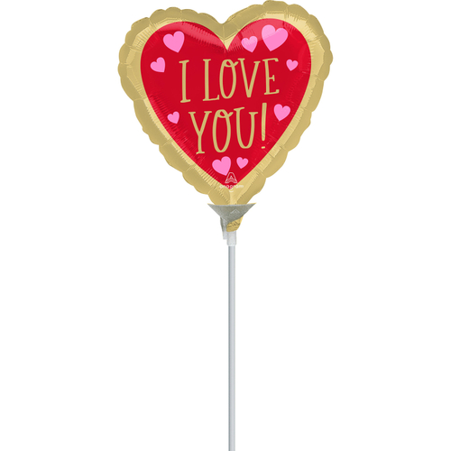 10cm I Love You Red & Gold Foil Balloon #4043681AF - Each (Inflated, supplied air-filled on stick) 
