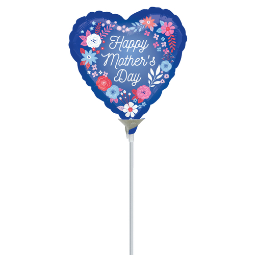 10cm Happy Mother's Day Blue Artful Florals Foil Balloon #4044177AF - Each (Inflated, supplied air-filled on stick)