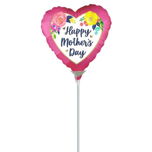 10cm Happy Mother's Day Watercolour Floral Pink Satin Foil Balloon #4044178AF - Each (Inflated, supplied air-filled on stick)