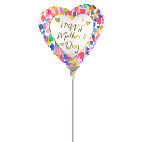 10cm Happy Mother's Day Colourful Watercolour Satin Foil Balloon #4044179AF - Each (Inflated, supplied air-filled on stick)