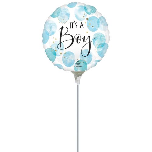 22cm Baby Boy Blue Watercolour Foil Balloon #4045695AF - Each (Inflated, supplied air-filled on stick)