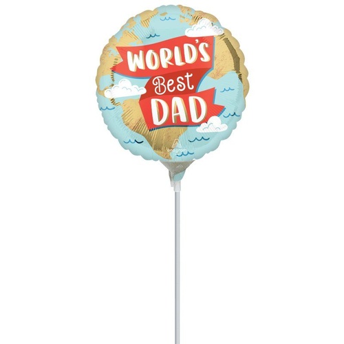 22cm Round World's Best Dad Foil Balloon #4047658AF - Each (Inflated, supplied air-filled on stick)