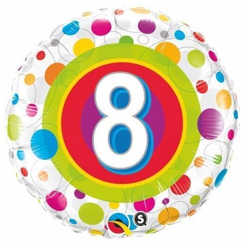 45cm Round Foil Age 8 Colorful Dots #41112 - Each (Pkgd.)