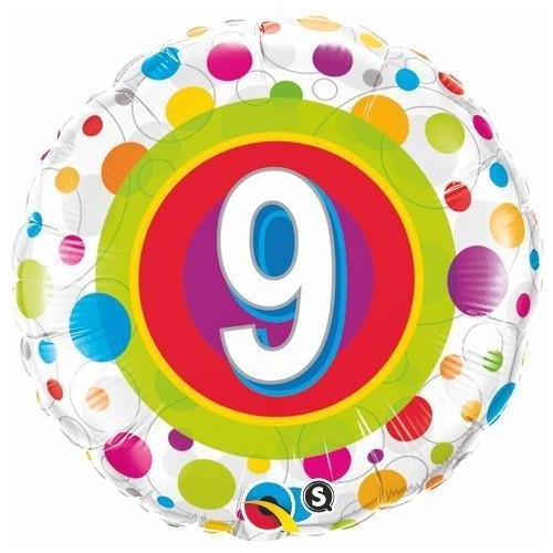 DISC 45cm Round Foil Age 9 Colorful Dots #41116 - Each (Pkgd.)