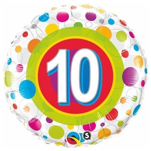 45cm Round Foil Age 10 Colorful Dots #41120 - Each (Pkgd.)
