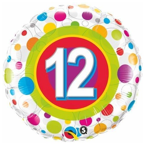 DISC 45cm Round Foil Age 12 Colorful Dots #41128 - Each (Pkgd.)