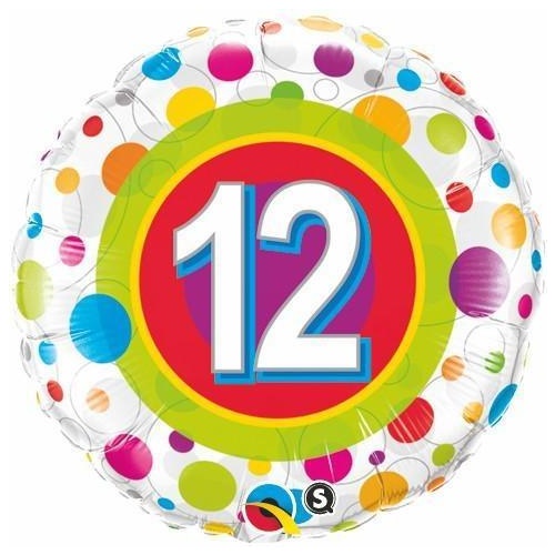 45cm Round Foil Age 12 Colorful Dots #41128 - Each (Pkgd.)