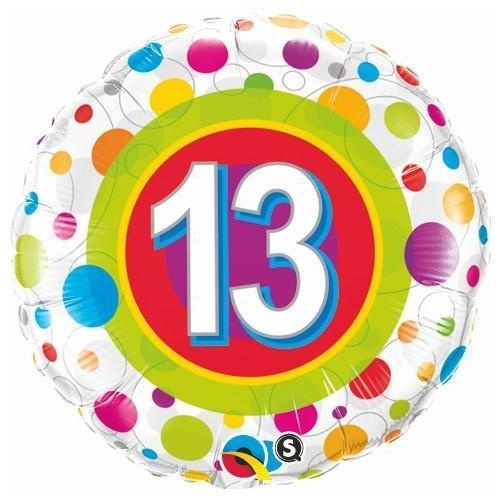 45cm Round Foil Age 13 Colorful Dots #41132 - Each (Pkgd.)