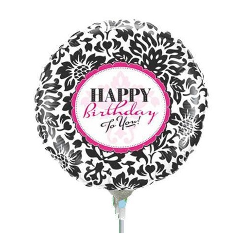 22cm Birthday Elegant Damask #41928AF - Each (Inflated, supplied air-filled on stick) TEMPORARILY UNAVAILABLE