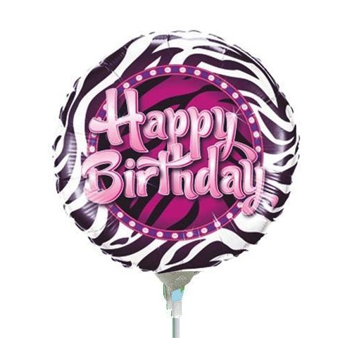 22cm Birthday Zebra Print Foil Balloon #41931AF - Each (Inflated, supplied air-filled on stick)