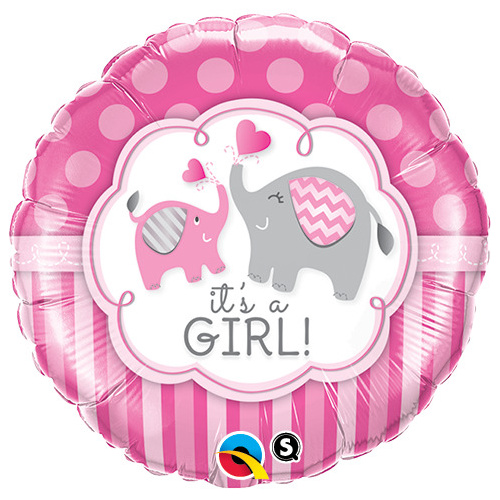 45cm Round Foil It's a Girl Elephants  #45106 - Each (Pkgd.) 