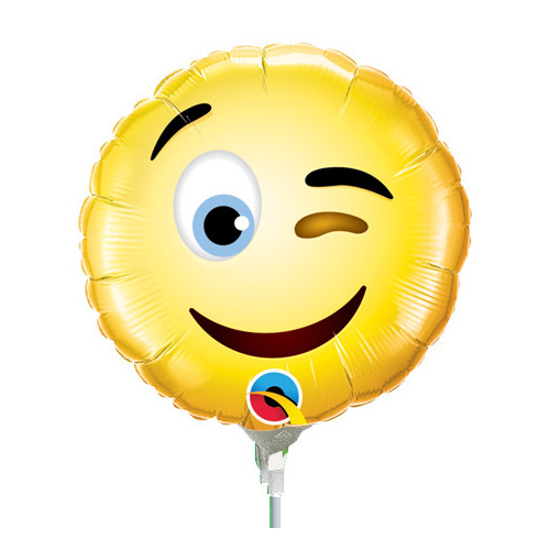 DISC 22cm Smiley Wink Foil Balloon #49428AF - Each (Inflated, supplied air-filled on stick)