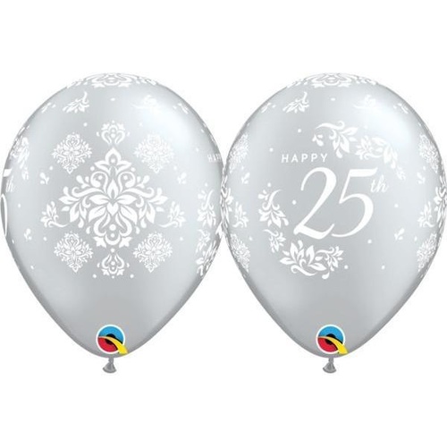 28cm Round Silver 25th Anniversary Damask #49689 - Pack of 50