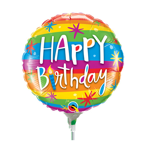 22cm Birthday Rainbow Stripes Foil Balloon #58397AF - Each (Inflated, supplied air-filled on stick) TEMPORARILY UNAVAILABLE 