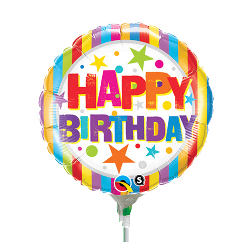 22cm Birthday Stripes & Stars Foil Balloon #58401AF - Each (Inflated, supplied air-filled on stick) TEMPORARILY UNAVAILABLE