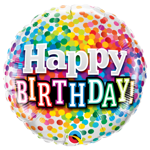 22cm Birthday Rainbow Confetti Foil Balloon #58407 - Each (FLAT, unpackaged, requires air inflation, heat sealing) 