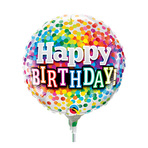 22cm Birthday Rainbow Confetti Foil Balloon #58407AF - Each (Inflated, supplied air-filled on stick) 