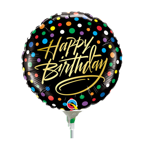 22cm Birthday Gold Script & Dots Foil Balloon #58411AF - Each (Inflated, supplied air-filled on stick) 
