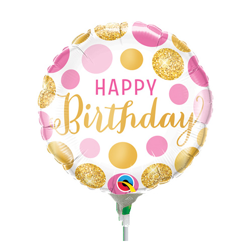 22cm Birthday Pink & Gold Dots Foil Balloon #58417AF - Each (Inflated, supplied air-filled on stick) TEMPORARILY UNAVAILABLE