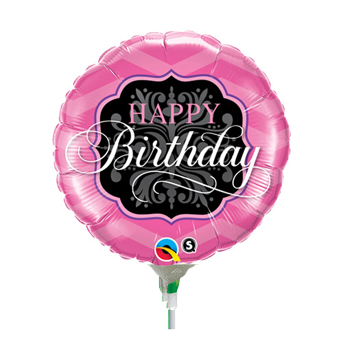 22cm Birthday Pink & Black Foil Balloon #58420AF - Each (Inflated, supplied air-filled on stick)  TEMPORARILY UNAVAILABLE