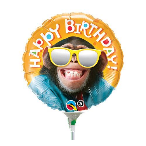 22cm Birthday Smilin' Chimp Foil Balloon #58424AF - Each (Inflated, supplied air-filled on stick)