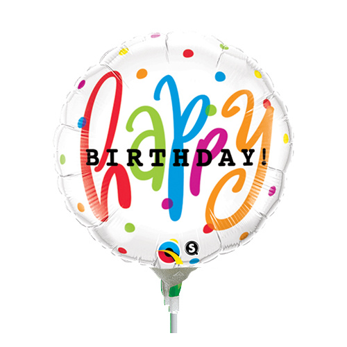 22cm Birthday Happy Bday Dots Foil Balloon #58435AF - Each (Inflated, supplied air-filled on stick) LOW STOCK