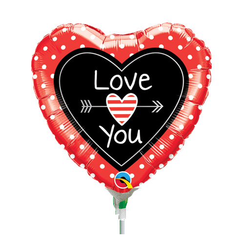 22cm Love You Dots & Arrows Foil Balloon #58562AF - Each (Inflated, supplied air-filled on stick) 