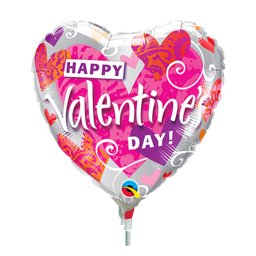 22cm Valentine's Day Heart Patterns Foil Balloon #58580AF - Each (Inflated, supplied air-filled on stick) TEMPORARILY UNAVAILABLE