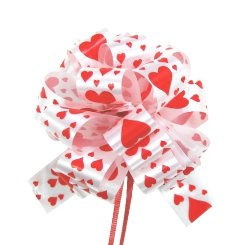 QuickBow Pull Bow Scattered Red Hearts 30mm Satin Ribbon #60PSBMSCH - Roll of 12 