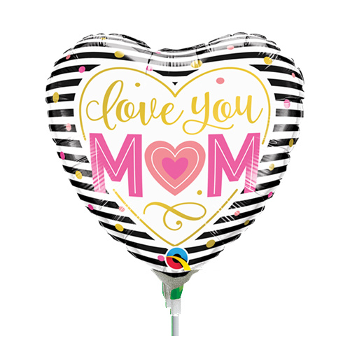 22cm Mum Love You Mum Stripes Foil Balloon #73656AF - Each (Inflated, supplied air-filled on stick) TEMPORARILY UNAVAILABLE