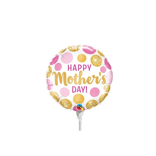 22cm Round Foil Mother's Day Pink & Gold Dots #73657AF - Each- Each (Inflated, supplied air-filled on stick)  TEMPORARILY UNAVAILABLE